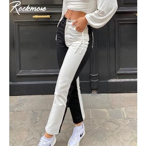 Rockmore Black And White Patchwork Jeans For Women High Waisted Denim Straight Pants Contrast Color Streetwear Casual Trousers