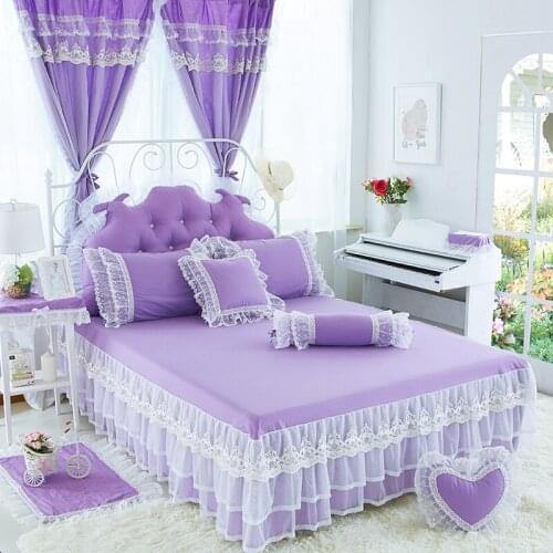 100%Cotton purple Bed Skirt Princess Bedding with Lace Ruffle Bed Sheet for1.2m/1.5m/1.8m/2m Bed Bedspread Solid Color Bedskirt