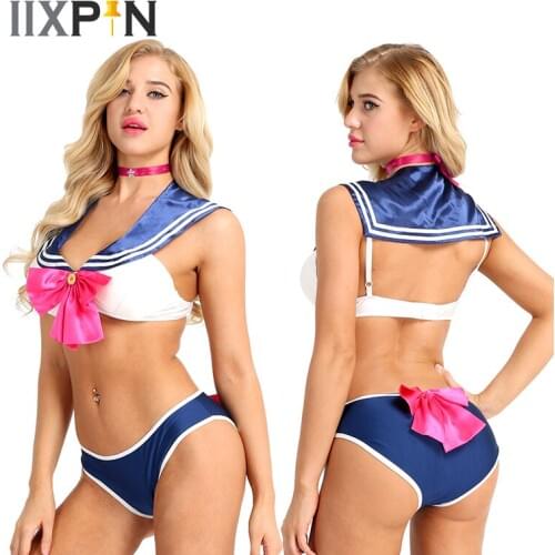 IIXPIN Women Sailor Moon Cosplay Costume Block Bowknot Sailor Cosplay School Uniform Bra Tops with Bottom Briefs and Neck Ring