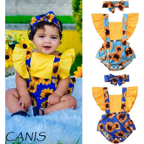 Newborn Baby Girl Sleeveless Sunflower Romper Tops Square Neck Jumpsuit Headband Outfit Baby Summer Clothes 0-24M