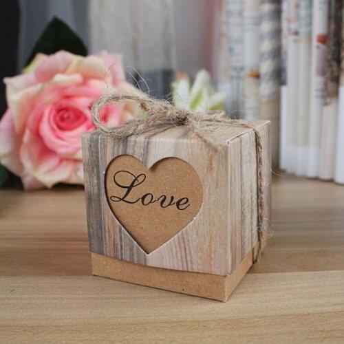 Love Heart Candy Box Rustic Wedding Gifts Kraft Packing Box With Burlap Jute Ribbon Wedding Party Decoration 50pcs/lot