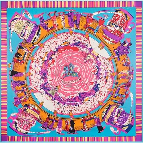 POBING 100% Silk Square Scarf Women Luxury Brand Neckerchief Royal Worship Print Bandanas Female Shawl Large Wrap Lady Foulards