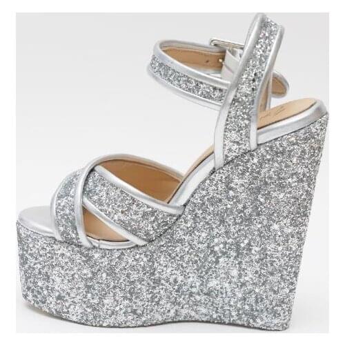 Silver Glitter Embellished Platform Wedge Sandal Peep Toe Ankle Strap Bling Bling Shoes Woman Party Wedding Heels Mujer Zapatos