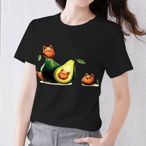 Summer Women T-shirt Cartoon Avocado Pattern Series Short-sleeved Tops Harajuku Slim Youth Black Print Female Casual Tee Shirt
