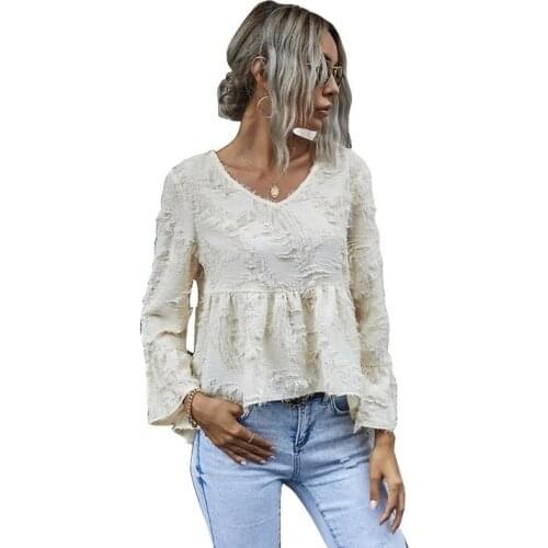 Spring and summer 2021 loose long-sleeved temperament commuter pullover solid color bottoming V-neck shirt