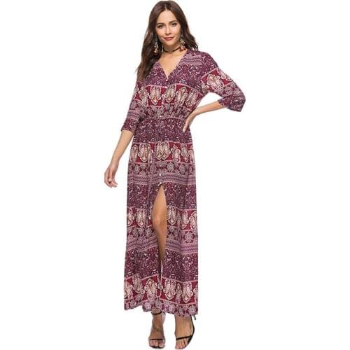 QA237 V-neck Lacing Print Women Maxi Dress Vintage Boho Summer Dress Robe Longue Vestidos Verano 2019 Jurken