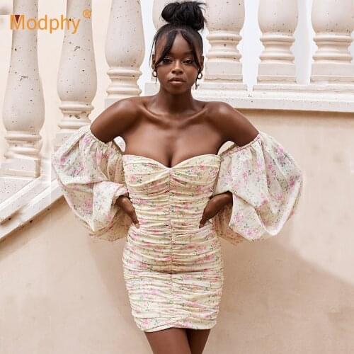 Floral Strapless Women Dress Sexy Long Lantern Sleeve Bodycon Mini Club Celebrity Evening Party Dress Women 2020 Fashion New