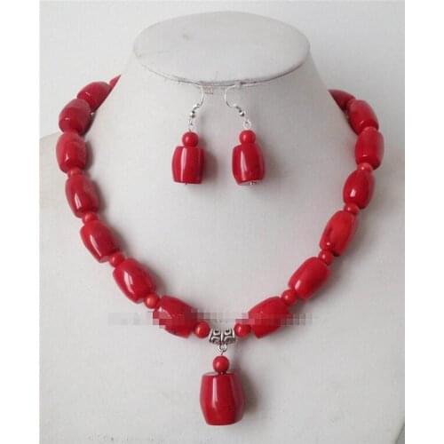 Free shipping New style Natural noble jewelry>>>>Charming!Big Red Coral Column Shape Beads Necklace Earrings Set AAA