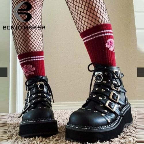 BONJOMARISA Brand Punk Platform Wedges Zipper Heart Metal Ankle Boots Gothic Buckle Sewing Cool Street Chunky Motorcycle Boots