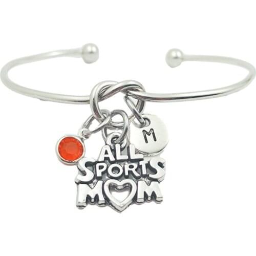 All Sport Mom Retro Creative Initial Letter Monogram Birthstone Adjustable Bracelet Fashion Jewelry Women Gift Pendant