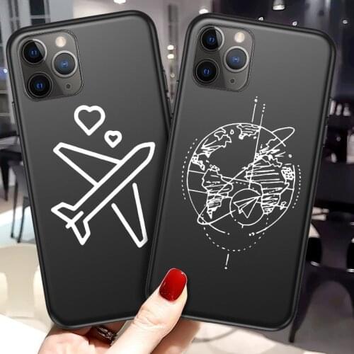 Ottwn Cartoon Globe Plane Map Soild Black Phone Case For iPhone 11 12 Pro X XR XS Max SE2020 7 8 Plus 6 6s 5 Shockproof Soft TPU