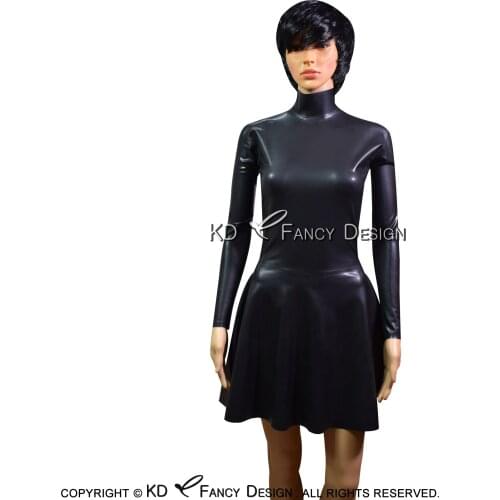Black Sexy Latex Dress With Long Sleeves High Collar Back Full Zipper Rubber Bodycon Playsuit LYQ-0090