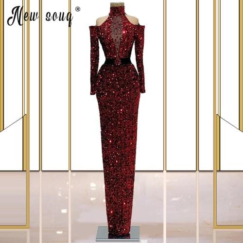 Elegant Burgundy Plus Size Evening Dresses High Neck Sparkly Crystals Prom Gowns Beaded Sequined Longue Robes for Party