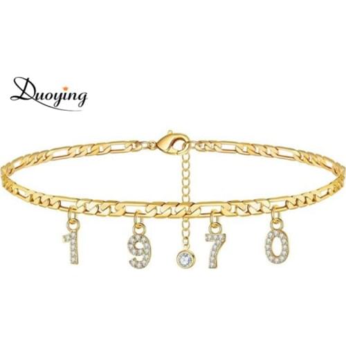 Duoying Custom Birth Year Number Ankle Zircon Name Personalized Year Custom Anklet Pave letters Women Anklets