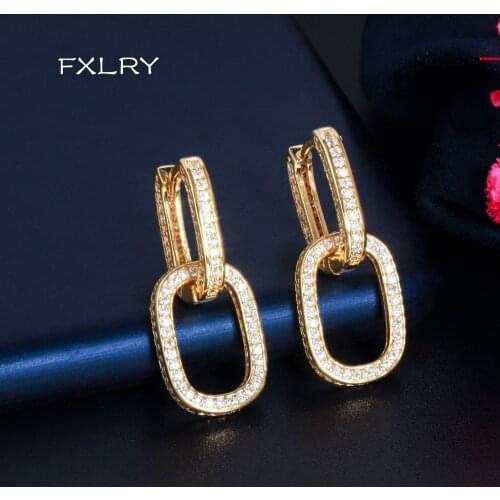 FXLRY High Quality AAA Cubic Zirconia Geometric Link Chain Rectangle Drop Earring For Women Jewelry