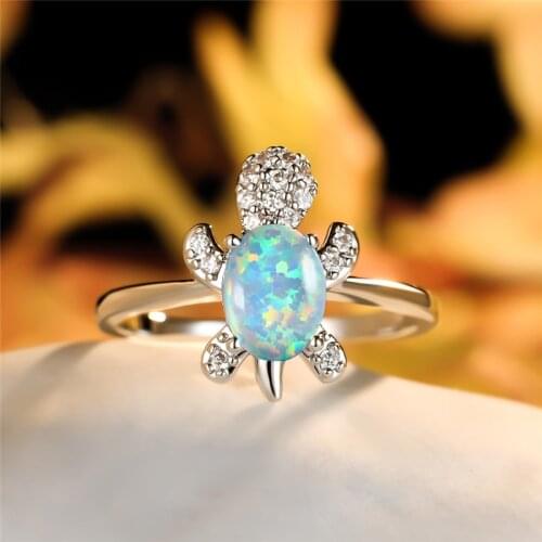 White Blue Green Opal Oval Stone Ring Female Cute Small Turtle Ring Vintage Silver Color Wedding Rings For Women Animal Jewelry