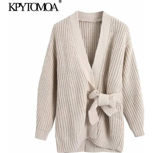 KPYTOMOA Women 2021 Fashion With Tied Loose Wrap Knit Cardigan Sweater Vintage V Neck Long Sleeve Female Outerwear Chic Tops