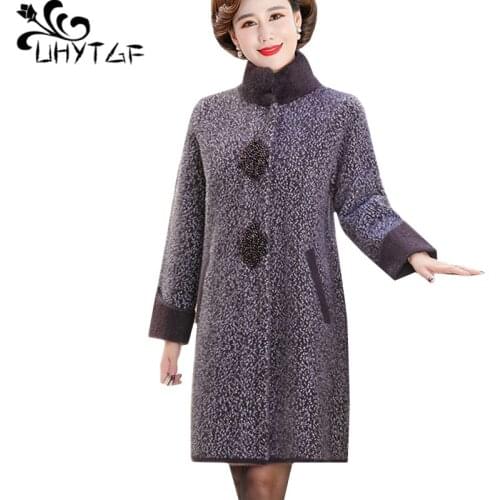 UHYTGF 5XL Plus Size Coat Womens Quality Mink Fleece Winter Woolen Jacket Elegant Mother Loose Long Outerwear Top Female 1306