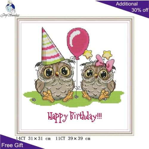 Joy Sunday Happy birthday Owl KB077 14CT 11CT Counted and Stamped Home Decor Owl Needlework Needlepoint DIY Cross Stitch kits