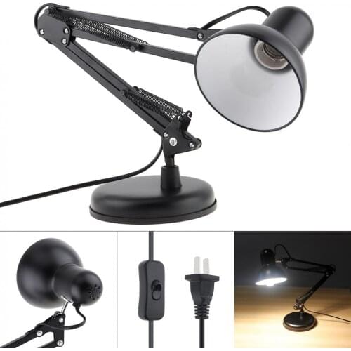 Black Flexible Swing Arm Clamp Mount Desk Lamp with Base and Key Switch Support Bulb for Home / Office