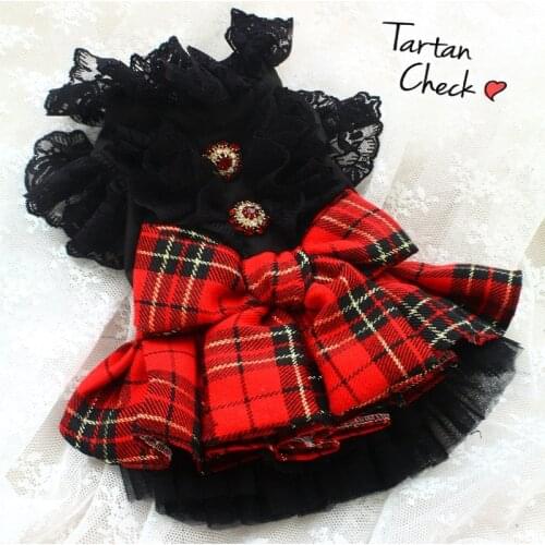 Handmade Dog Clothes Pet Apparel Classic Scotch Check Skirt Black Shirt Top Lace Collar Sleeves Cat Dress Poodle Drop Shipping