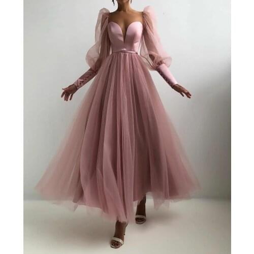 Elegant Long Sleeve A-Line Short Tulle Evening Dresses Dusty Rose Tea Length Zipper V-Neck Abendkleider Formal Gowns for Women