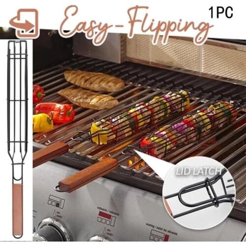 1PC Portable Kabob BBQ Grilling Basket Stainless Steel Reusable Durable Anti-Corrosion Wooden Handle Barbecue Tool For Outdoor