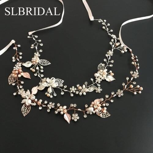 SLBRIDAL Rose Gold Crystal Rhinestone Natural Pearls Wedding Hair accessories Hairband Bridal Headband Bridesmaids Jewelry Women