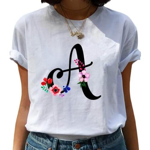 Flower Letter Printed Women T-shirt Woman Harajuku Short-Sleeved O-Neck Tees Girl Summer Tee Tops Femme Letter Graphic Tshirt