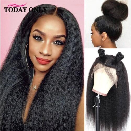TODAY ONLY Peruvian Kinky Straight Wig 180 Density Lace Front Human Hair Wigs For Black Women 4x4 Lace Closure Wig 8-30inch Remy