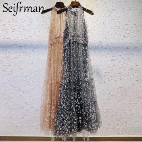 Seifrmann 2021 Summer Women Fashion Runway Party A-Line Dress Sleeveless Lace High Waist Elegant Slim Mesh Long Dress Vestidos