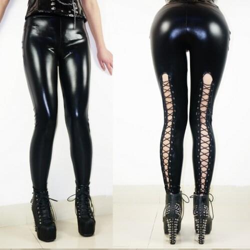Sexy Shiny Punk Gothic Faux Leather Leggings Erotic Wet Look PVC Leggings Hollow Out Lace-Up Temptation Slim Pants Trouser