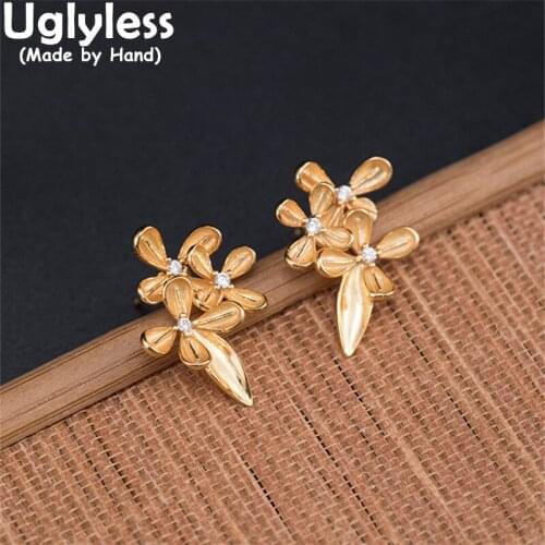 Uglyless Gold Little Flowers Studs Earrings for Women Romantic Floral 925 Silver Jewelry Simple Fashion Brincos Zircons Bijoux