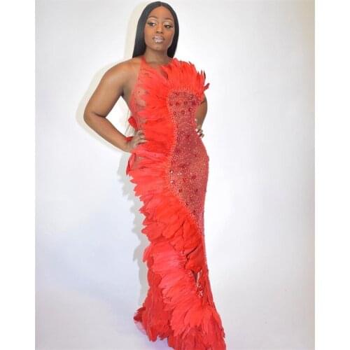 Feather Beads Red Prom Dresses Sleeveless Evening Dress Custom Made Floor Length Party Gown