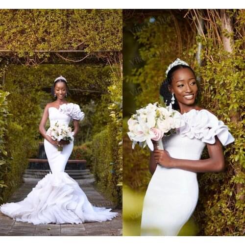 African White Mermaid Wedding Dresses Black Girl Elegant Open Back Plus Size Custom Made Sweep Train Bridal Gown