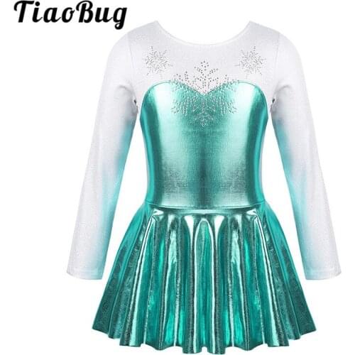 TiaoBug Kids Dancewear Long Sleeve Shiny Rhinestone Snowflake Gymnastics Leotard Girls Ballet Dance Costume Figure Skating Dress