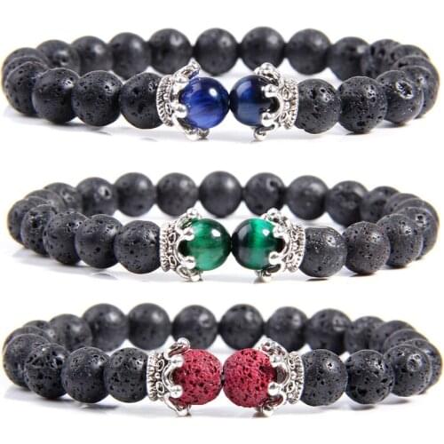 Vintage Men Bracelet Natural Rock Lava Volcanic Stone Beads Bracelet Fashion Silver Color Crown Bracelet Jewelry for Women Men