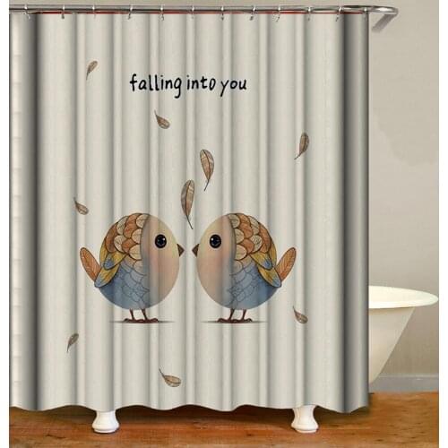 Animal Shower Curtain Falling Into You Cartoon Bird Bath Accessories with 12 Hooks Waterproof Polyester Fabric Bathroom Decor