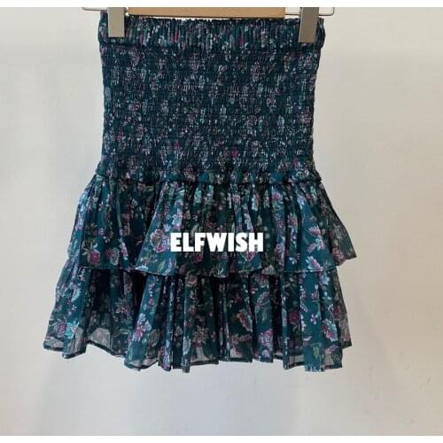 Woman Bottle Green Floral Print Mini Layered Skirt High Waist Smocked Detail Fashion Short dress Ruffled Hem 2022