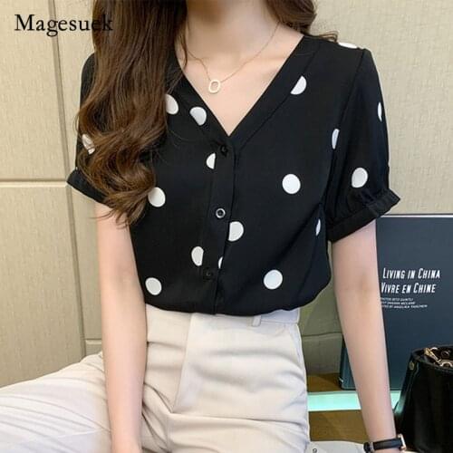 Office Lady Polka Dot V Neck Women Shirts 2021 Summer Short Sleeve Chiffon Women Blouse Tops Plus Size Printing Clothing 13899