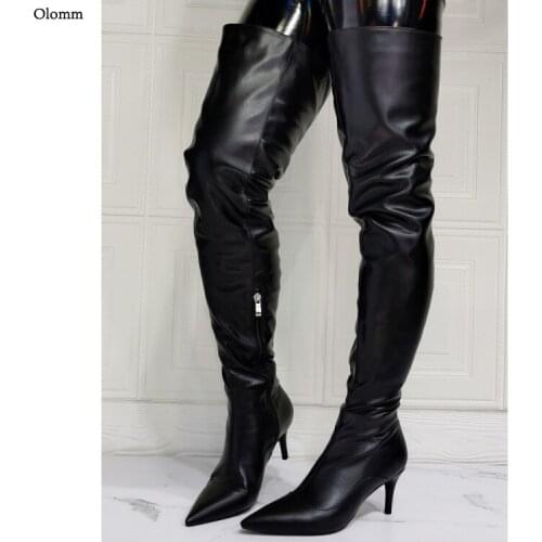 Olomm 2021 Handmade Women Winter Thigh High Boots Stiletto Heels Pointed Toe Elegant Black Casual Shoes Women Plus US Size 5-15