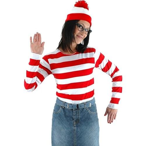 Wheres Wally Waldo Now Womens Cosplay Stripe Shirt Costume Shirt + Hat + Glasses Halloween Carnival Christmas Costume Set