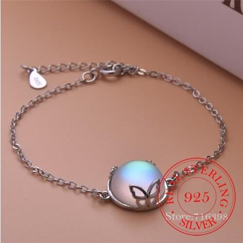 925 Sterling Silver Moonstone Round Charm Butterfly Bracelets & Bangle For Women Wedding Gift Femme Jewelry