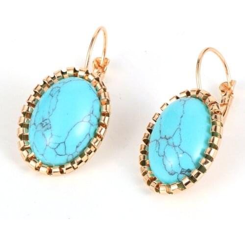 Gold Earrings Women Fashion 2020 Natural Stone Beads Copper French Hoop Earrings Tiny Oval Opal Crystal Turquoises Stud Earring