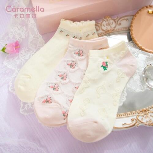 3Pairs Caramella Womens Cotton Boat Socks Non-slip Summer Oleander Embroidered Pattern Silicone Cute Thin Ankle Invisible Socks