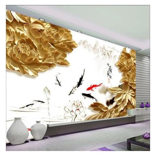3d wallpaper custom Non-woven Woodcarving peony of Dutch fish fun living room TV setting wallpaper