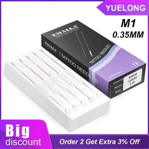 EMALLA 50PCS Professional Tattoo Needles 5M1 7M1 9M1 11M1 13M1 15M1 Size Disposable Assorted Sterile Tattoo Needles 0.35mm