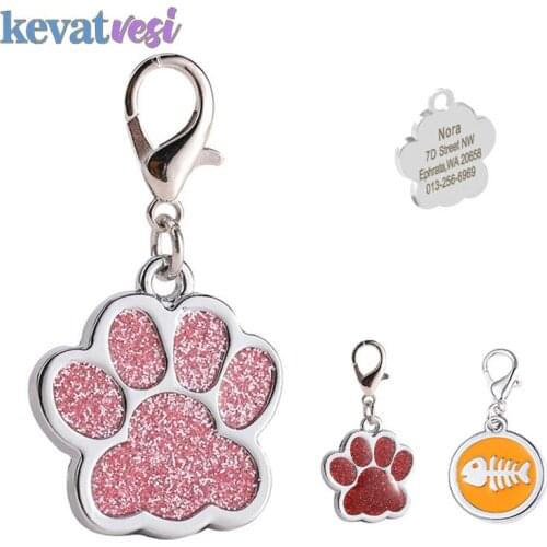 Personalized Dog Cat Tags Anti-Lost Id Tag Customized Pet Name Collar Paw Glitter Pendant Puppy Chihuahua Pet Accessories