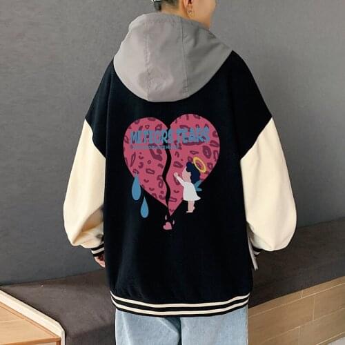 Korean Fashion Graffiti Heart Letter Angel Printed Fleece Zip Up Men Hoodies Pullover Harajuku Hooded Sweatshirts Cotton Jacket