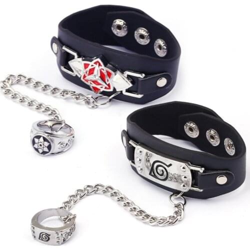 Japan Anime Naruto Uzumaki Uchiha Sasuke Konoha Punk Leather Bracelet Ring Cosplay Accessories Set 1 Pcs